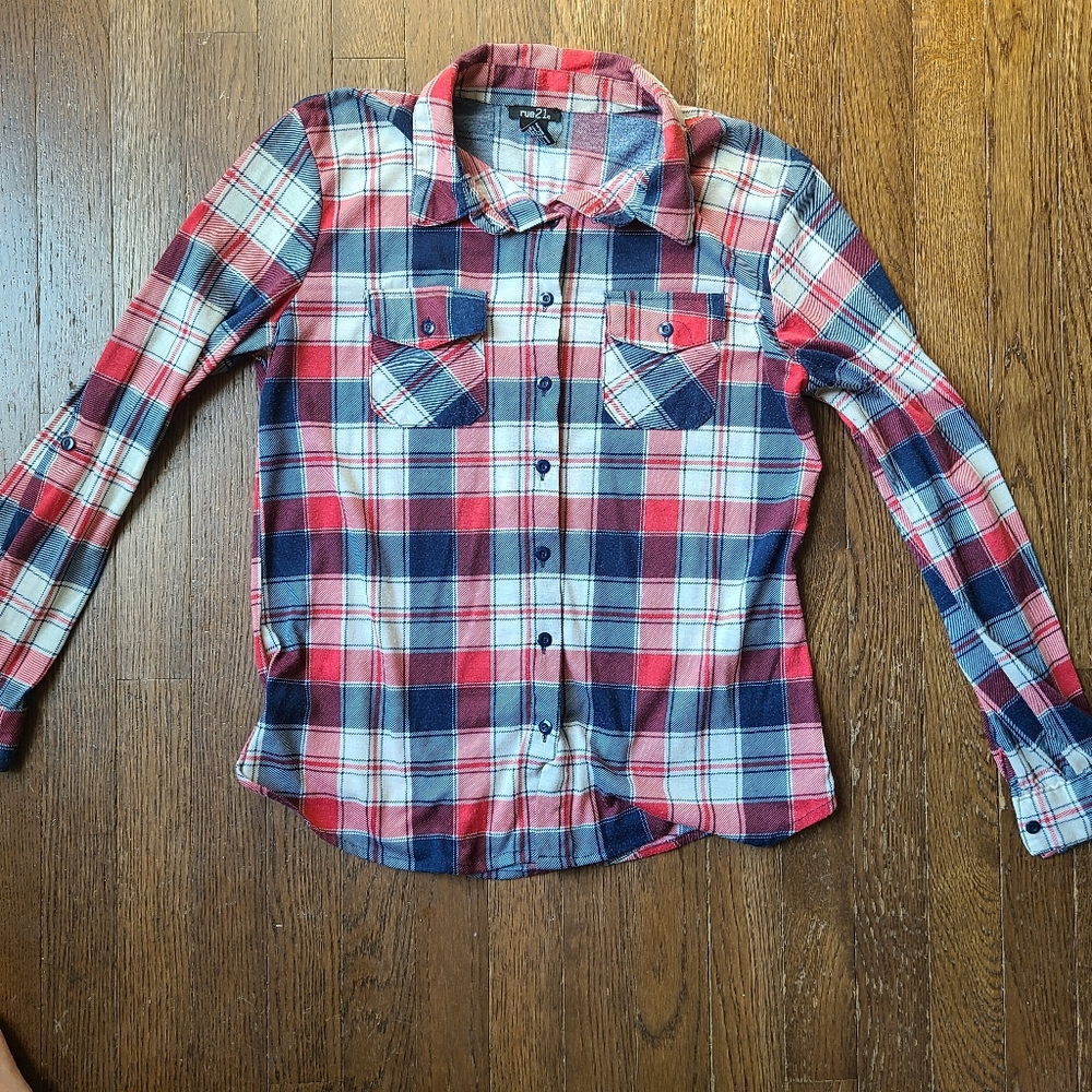 Red white & blue plaid button down